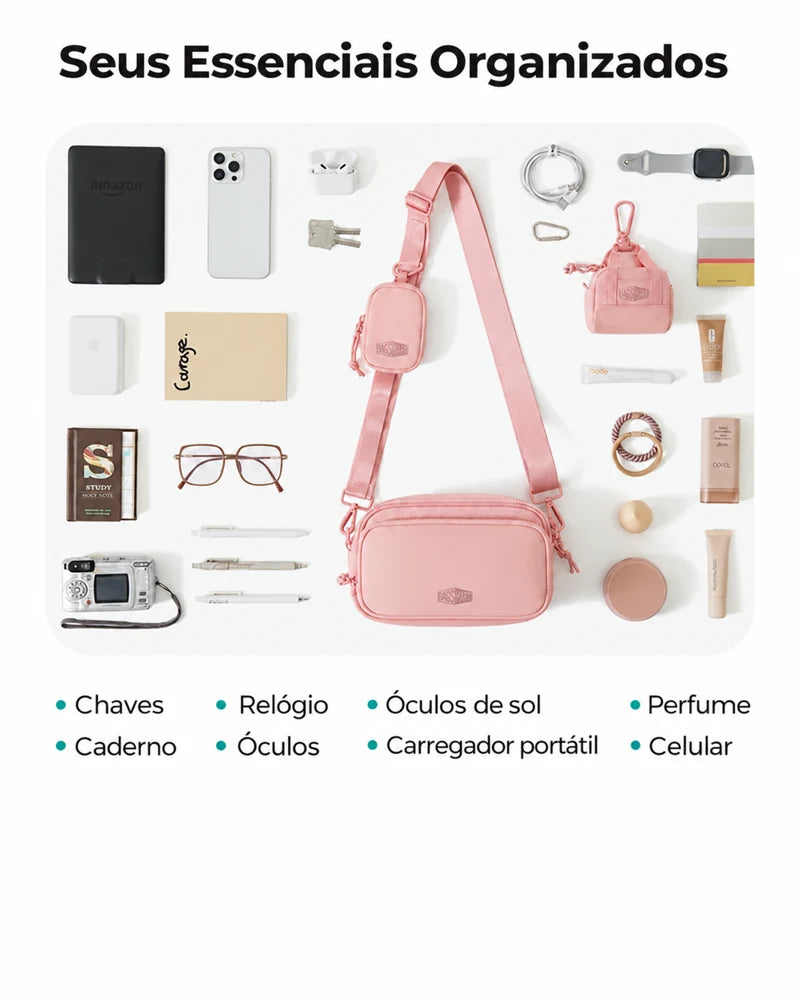 Pochete Unissex com Bolsinha Removível Bags Mart Cor Rosa — organização dos itens