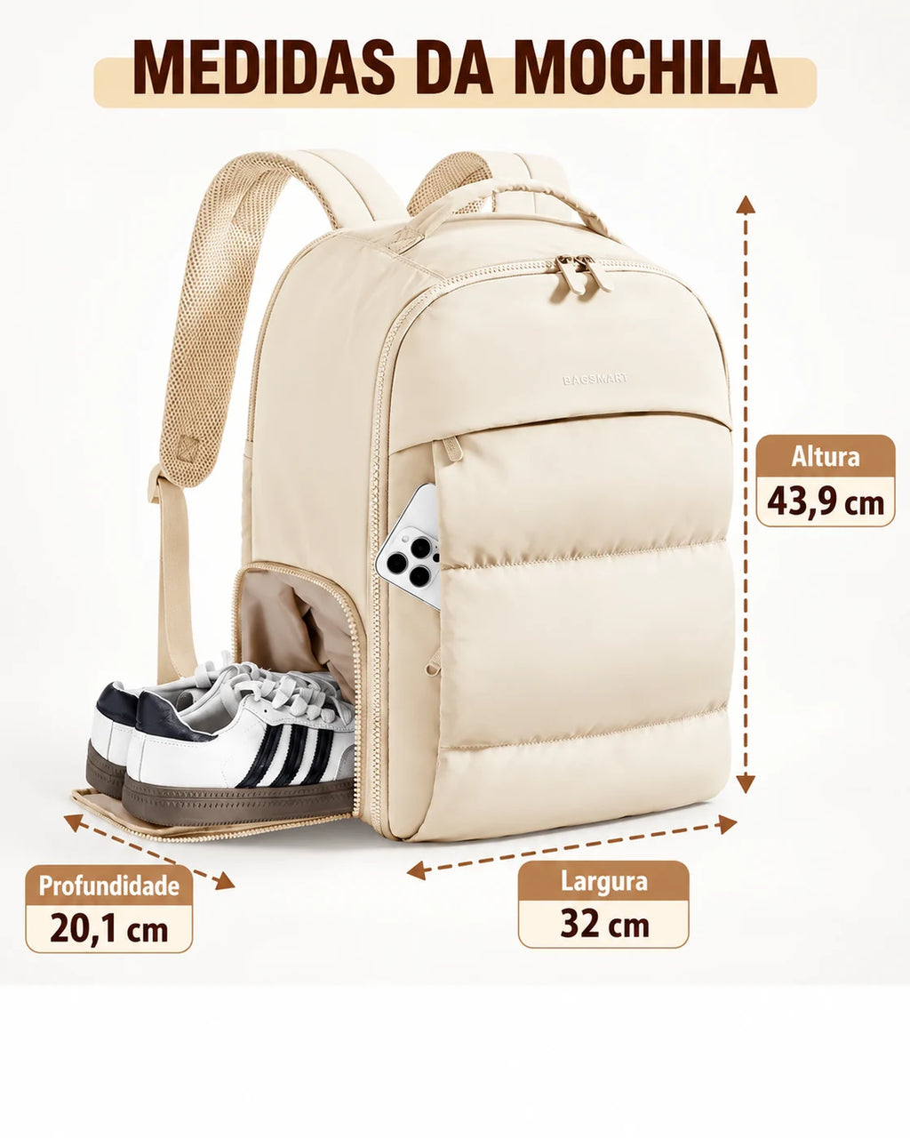 Mochila Feminina de Viagem com Sapateira Bags Mart Cor Bege — dimensões confirmadas em centímetros