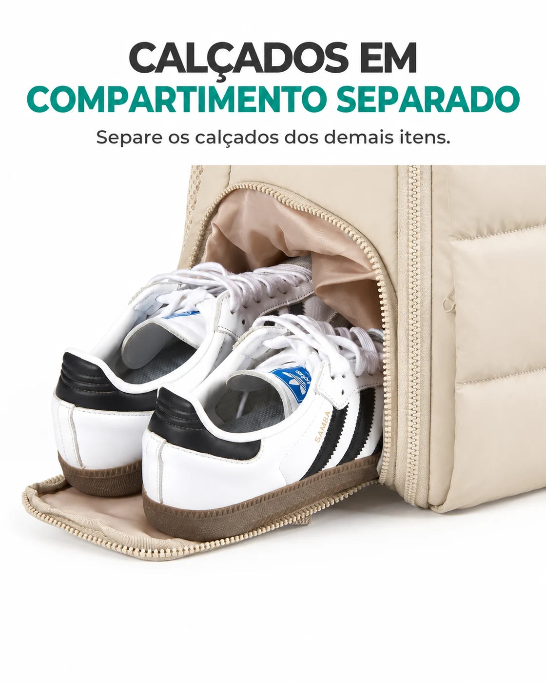 Mochila Feminina de Viagem com Sapateira Bags Mart Cor Bege — compartimento para calçados