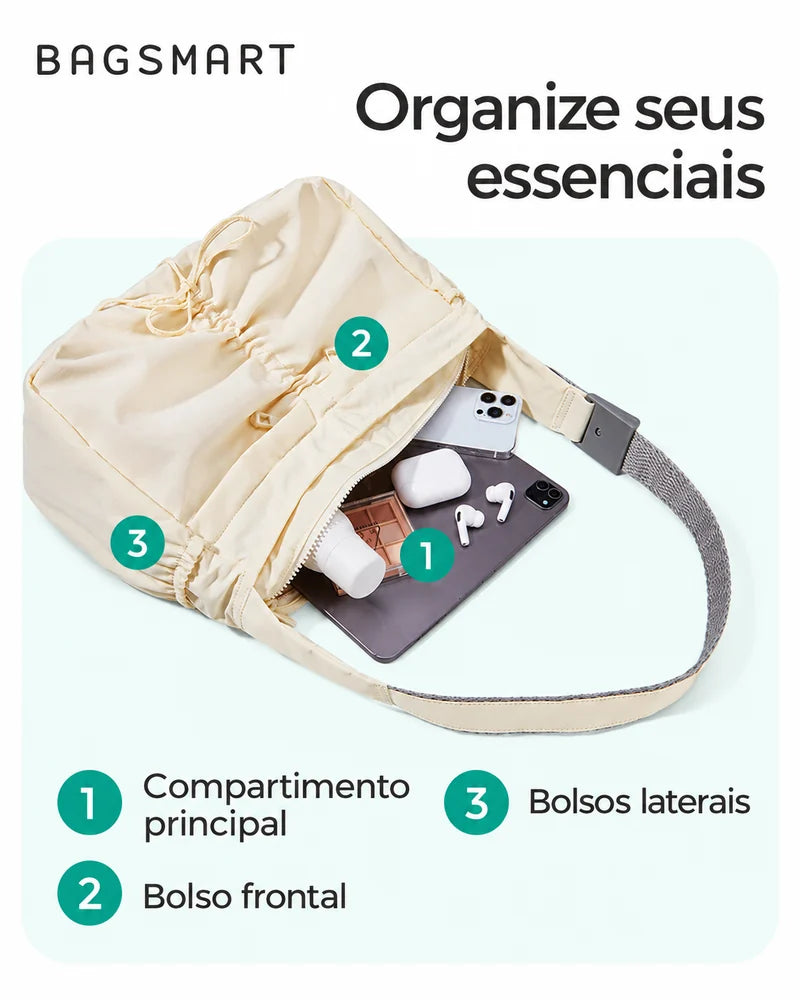 Bolsa Transversal Formato Bolinho Bags Mart Cor Bege — Compartimentos e bolsos