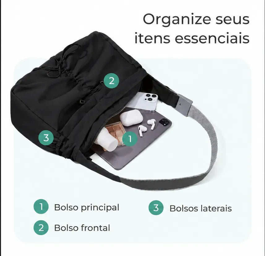 Bolsa Transversal Bolinho Preto - organização interna com bolsos