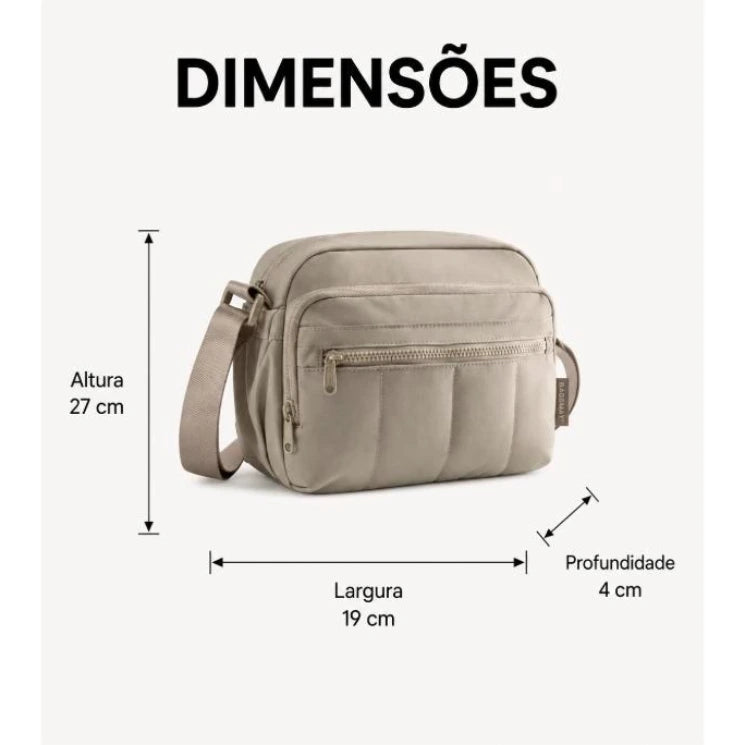 Dimensões da Bolsa Transversal Feminina Hobo Impermeável Cáqui: Altura 27 cm x Largura 19 cm x Profundidade 4 cm