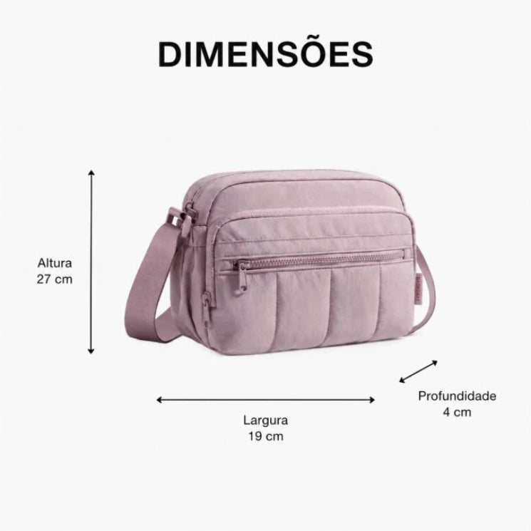 Dimensões da Bolsa Transversal Feminina Hobo Impermeável Lilás Acinzentado: Altura 27 cm x Largura 19 cm x Profundidade 4 cm