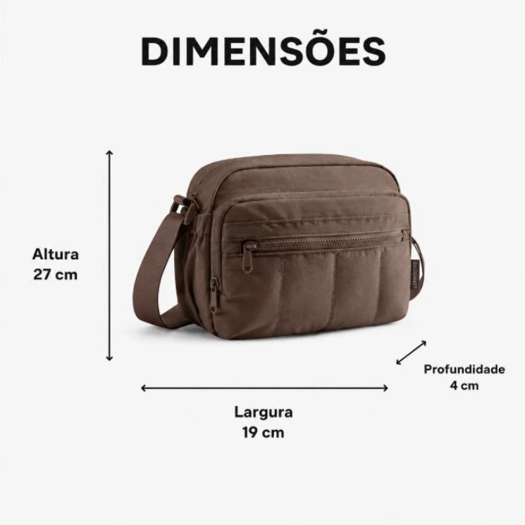 Dimensões da Bolsa Transversal Feminina Hobo Impermeável Marrom: Altura 27 cm x Largura 19 cm x Profundidade 4 cm