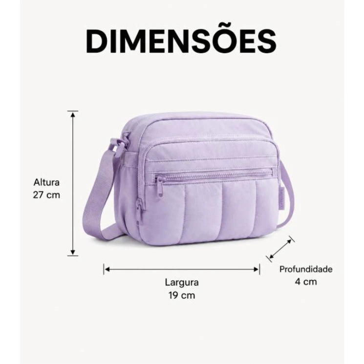Dimensões da Bolsa Transversal Feminina Hobo Impermeável Roxo: Altura 27 cm x Largura 19 cm x Profundidade 4 cm