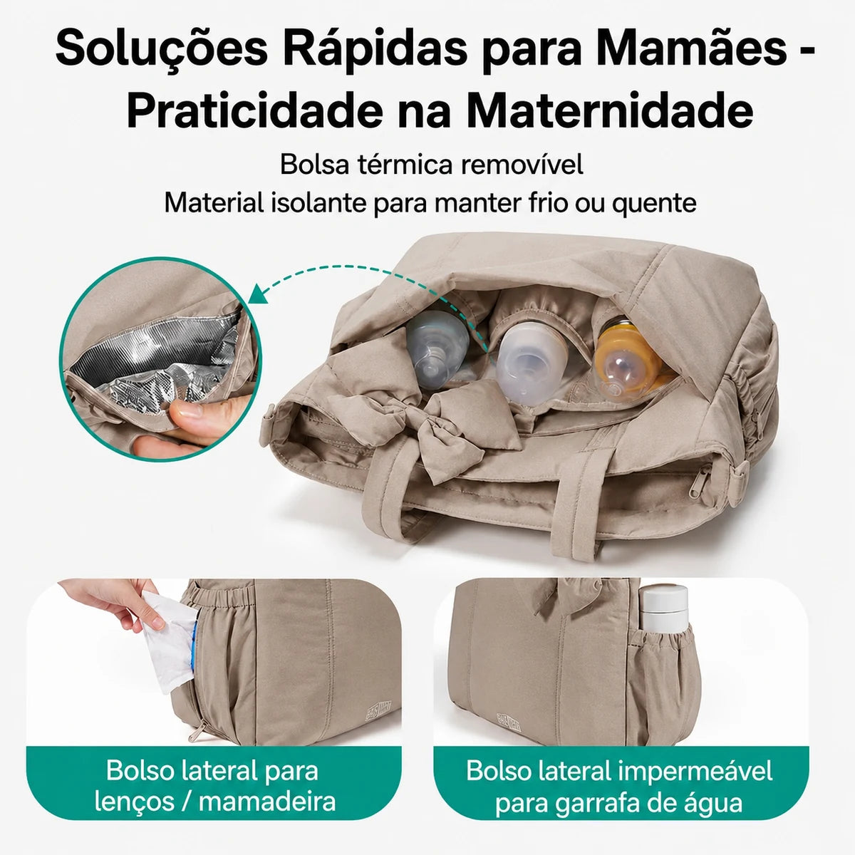 Bolsa Maternidade Multifuncional para Fraldas Bags Mart Cor Marrom — Detalhes do bolso para mamadeiras