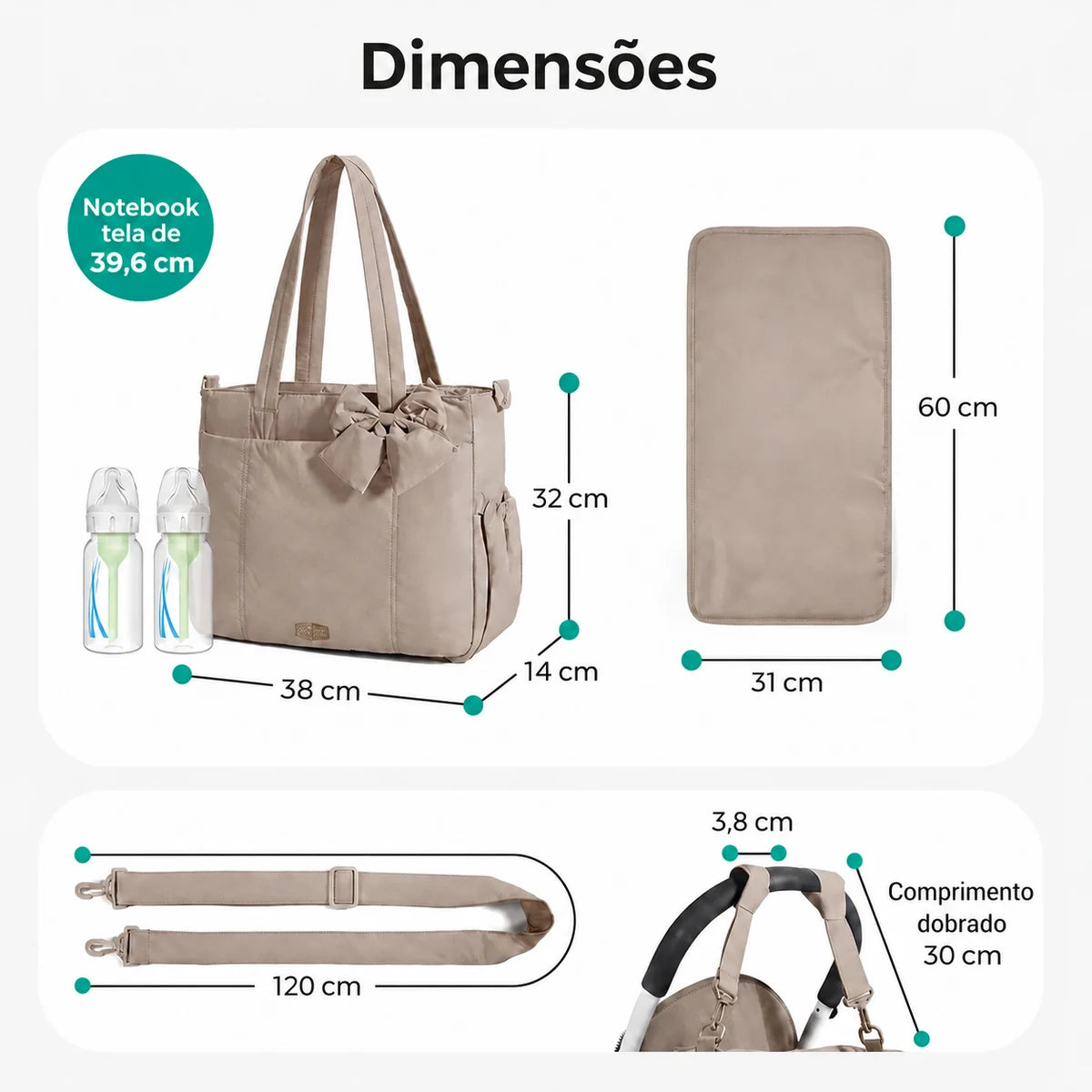 Bolsa Maternidade Multifuncional para Fraldas Bags Mart Cor Marrom — Dimensões em centímetros