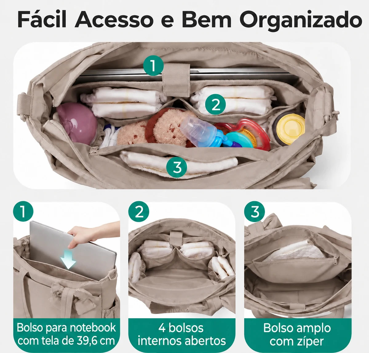 Bolsa Maternidade Multifuncional para Fraldas Bags Mart Cor Marrom — Organização dos compartimentos