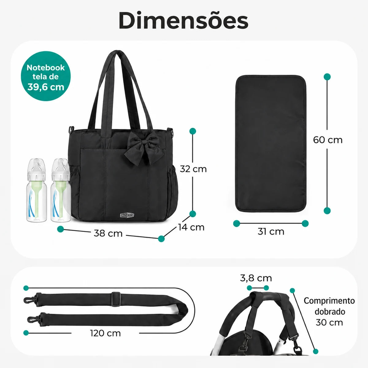 Bolsa Maternidade Multifuncional para Fraldas Bags Mart Cor Preto — Dimensões em centímetros