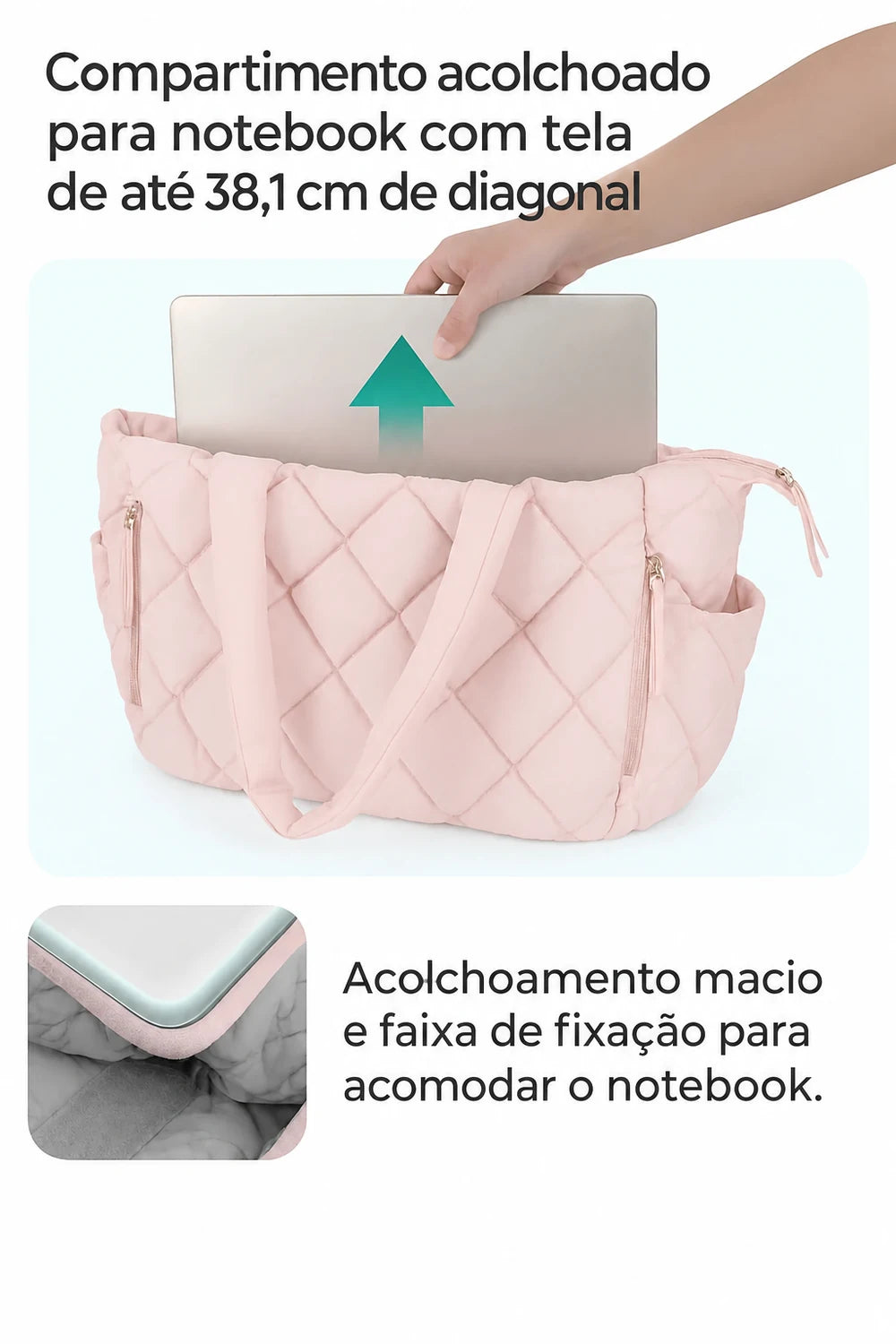 Bolsa Feminina Acolchoada para Notebook com Compartimentos Bags Mart Cor Rosa — Compartimento para notebook