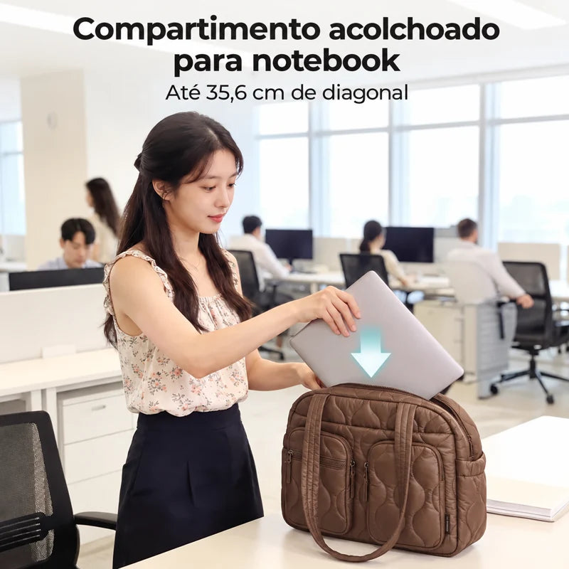 Bolsa Tote Feminina Acolchoada com Bolsos Bags Mart Cor Marrom — compartimento acolchoado para notebook