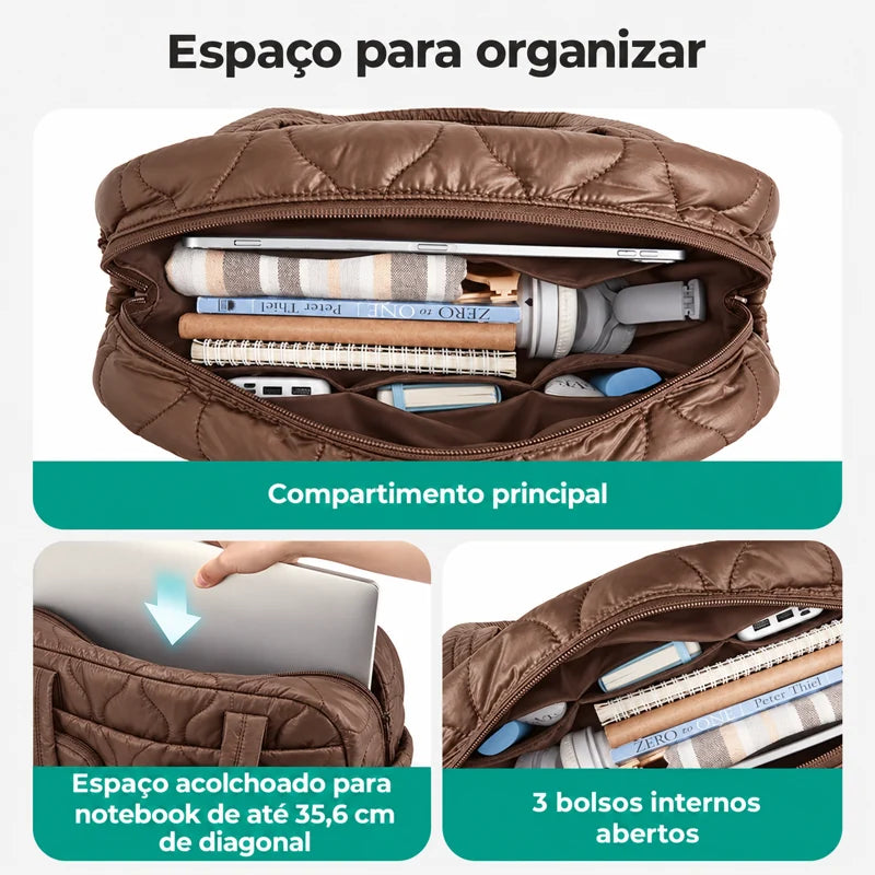 Bolsa Tote Feminina Acolchoada com Bolsos Bags Mart Cor Marrom — organização do compartimento principal