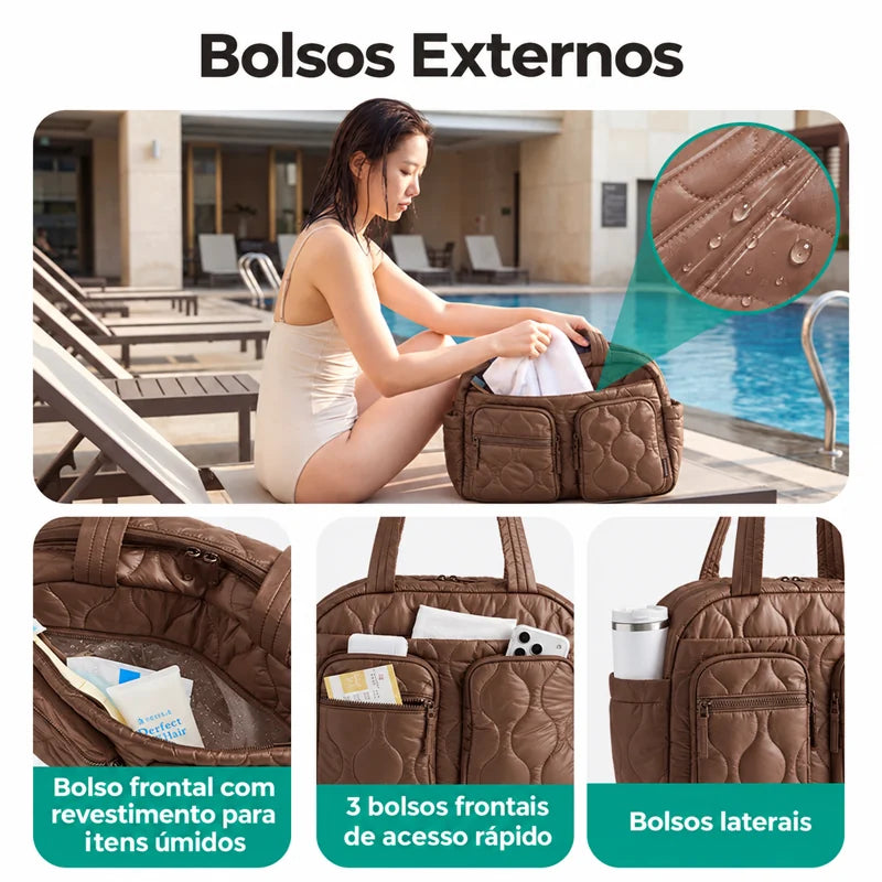 Bolsa Tote Feminina Acolchoada com Bolsos Bags Mart Cor Marrom — bolsos externos, laterais e revestimento interno