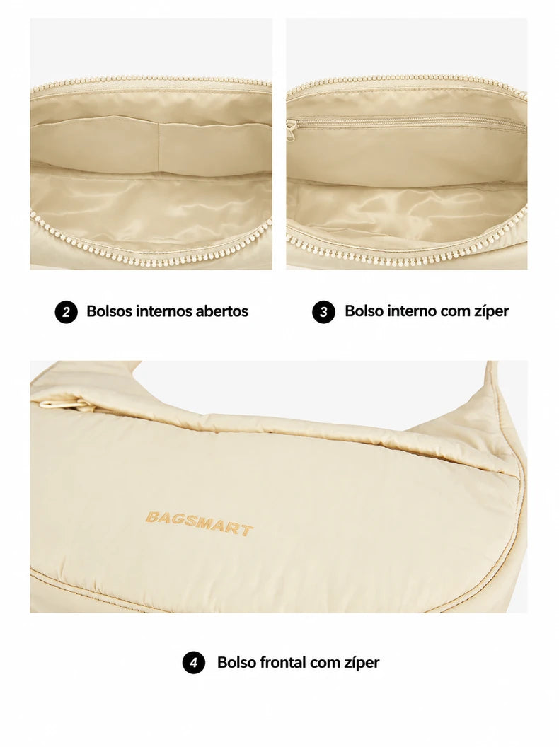 Interior da bolsa transversal Bege: dois bolsos abertos e bolso com zíper, com forro na cor da bolsa