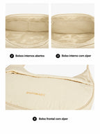 Interior da bolsa transversal Bege: dois bolsos abertos e bolso com zíper, com forro na cor da bolsa