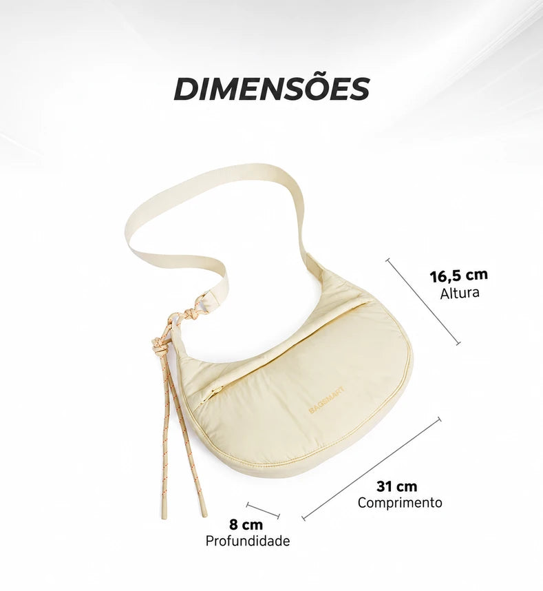 Dimensões da bolsa transversal Bege: 31 cm de comprimento, 16,5 cm de altura e 8 cm de profundidade