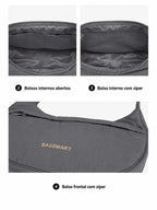 Interior da bolsa transversal Cinza: dois bolsos abertos e bolso com zíper, com forro na cor da bolsa
