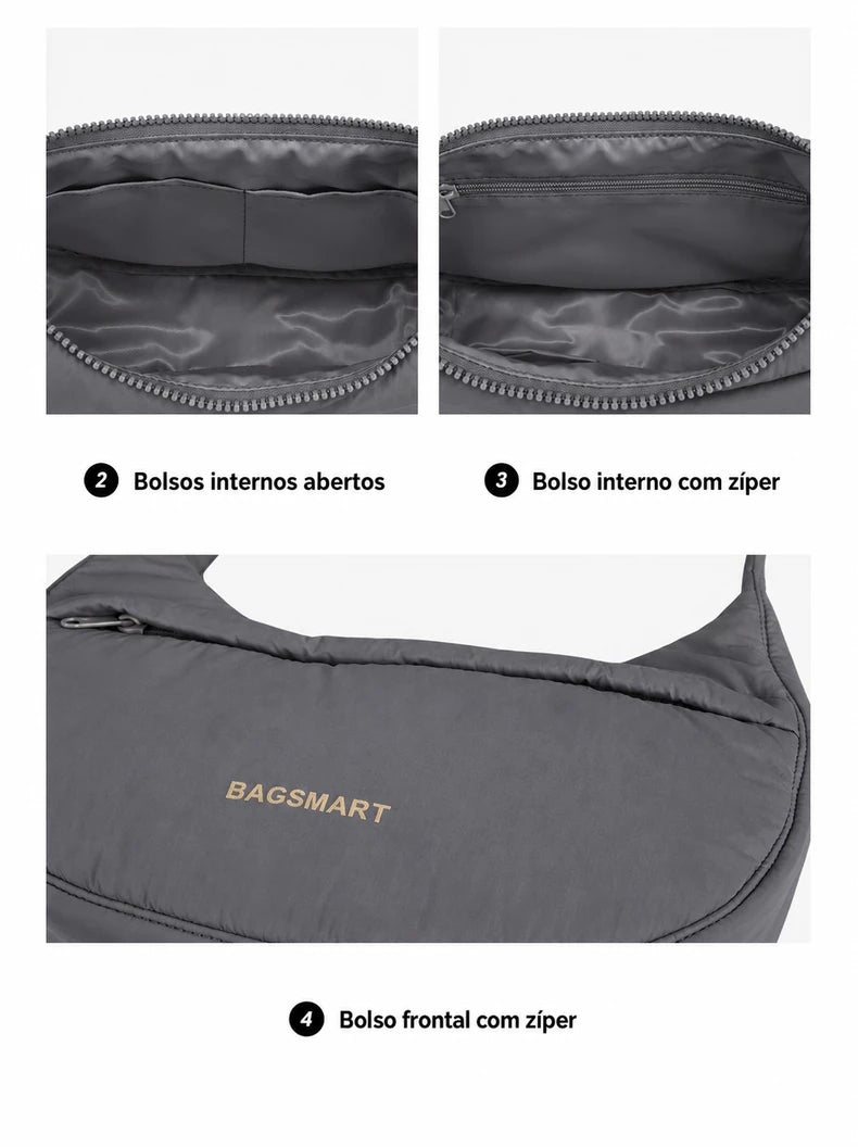Interior da bolsa transversal Cinza: dois bolsos abertos e bolso com zíper, com forro na cor da bolsa