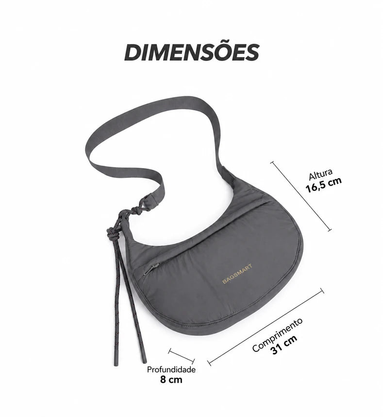 Dimensões da bolsa transversal Cinza: 31 cm de comprimento, 16,5 cm de altura e 8 cm de profundidade
