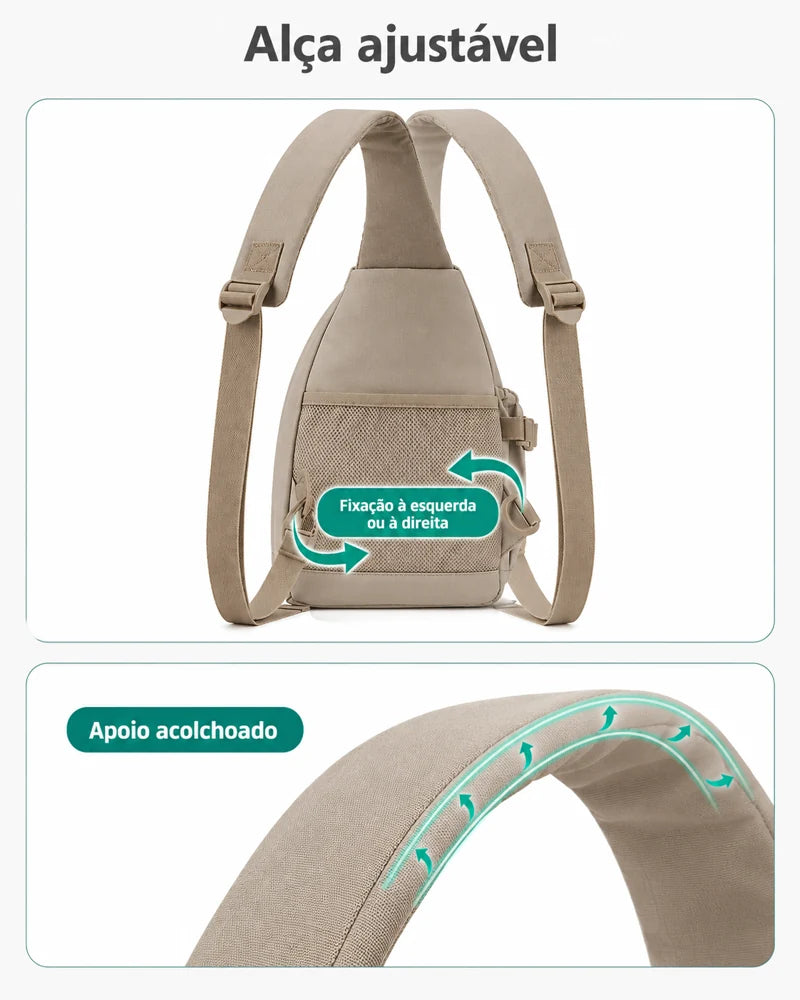 Bolsa transversal compacta Bags Mart cor Cáqui — ajuste e posições de fixação da alça