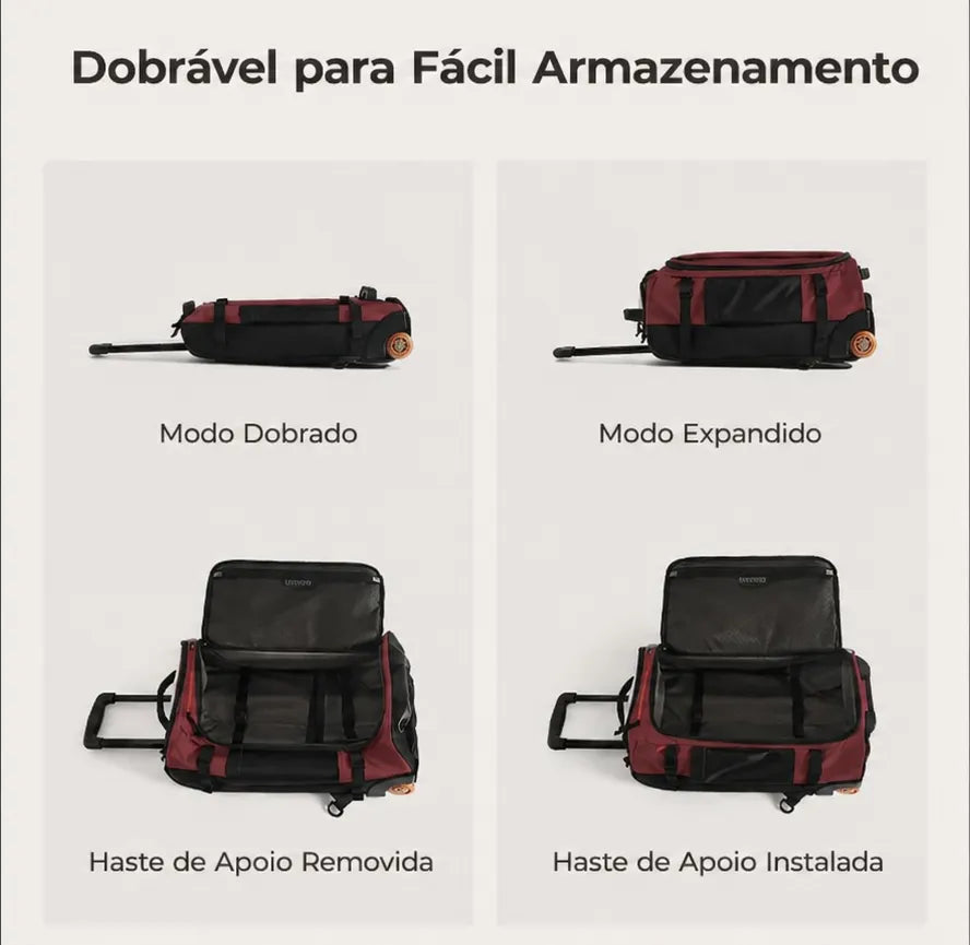Mochila de Viagem com Rodas 43L Vermelho Borgonha - dobrável para fácil armazenamento