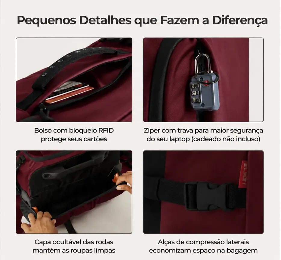 Mochila de Viagem com Rodas 43L Vermelho Borgonha - pequenos detalhes, grande impacto: bolso com bloqueio RFID e zíper com trava