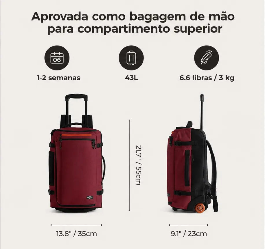 Mochila de Viagem com Rodas 43L Vermelho Borgonha - aprovada como bagagem de mão para compartimento superior, 43L