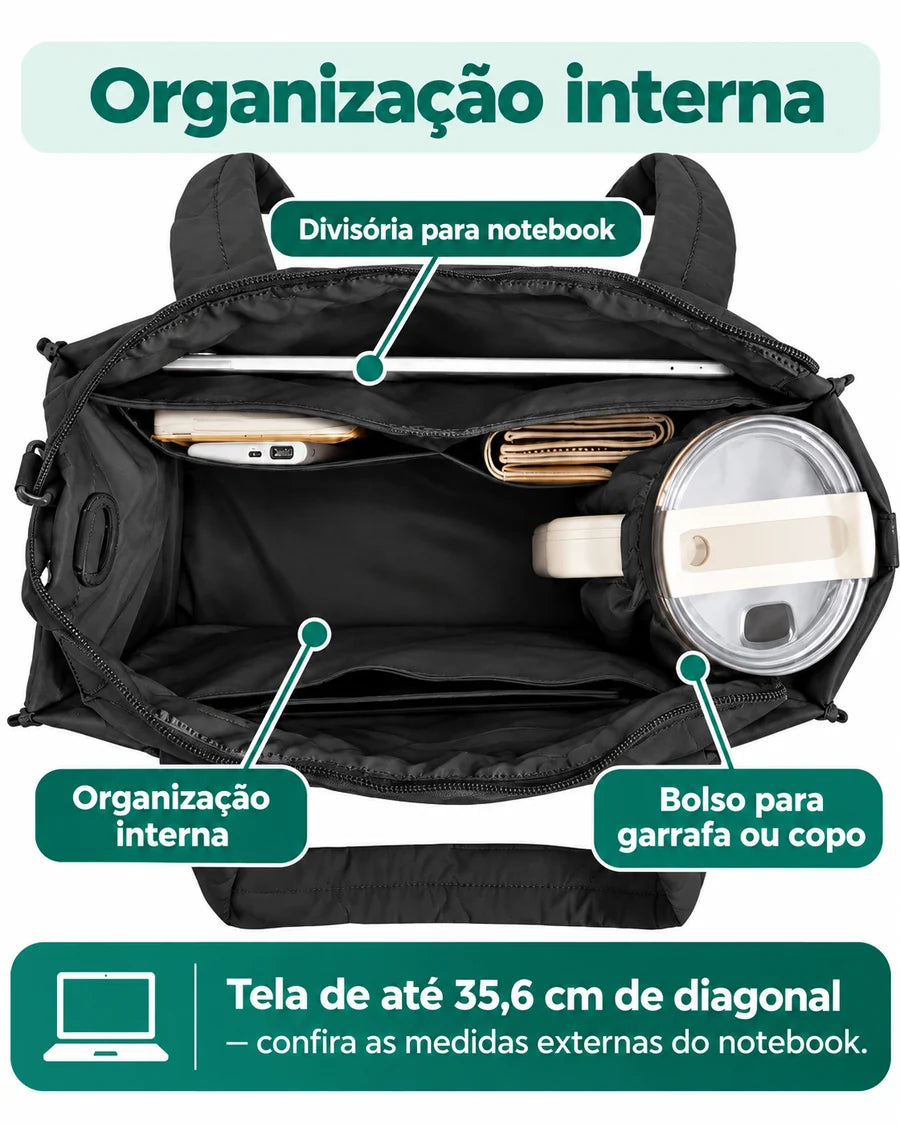 Bolsa Tote Boxy Média Bags Mart Cor Preto — Organização interna