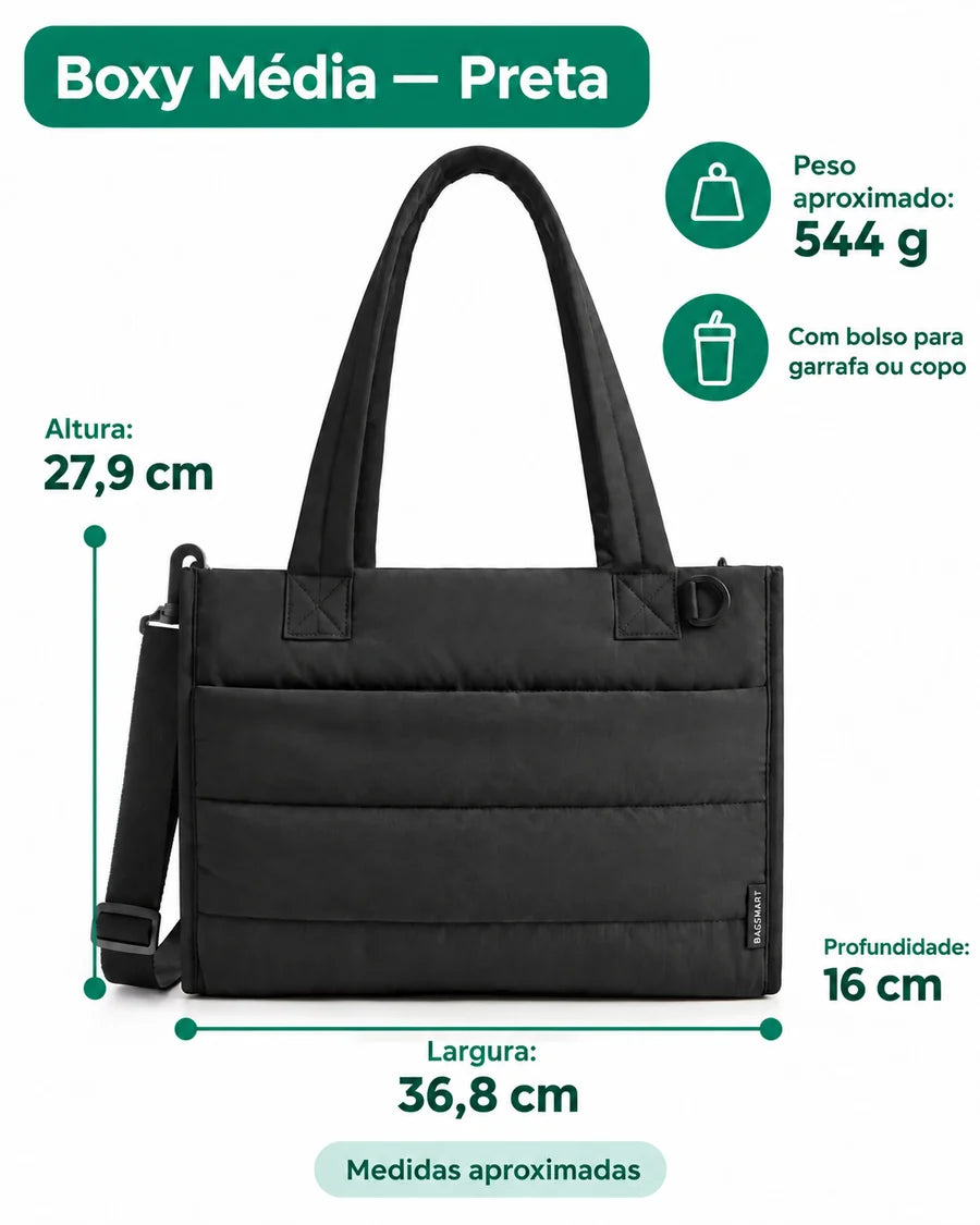 Bolsa Tote Boxy Média Bags Mart Cor Preta — Medidas em centímetros