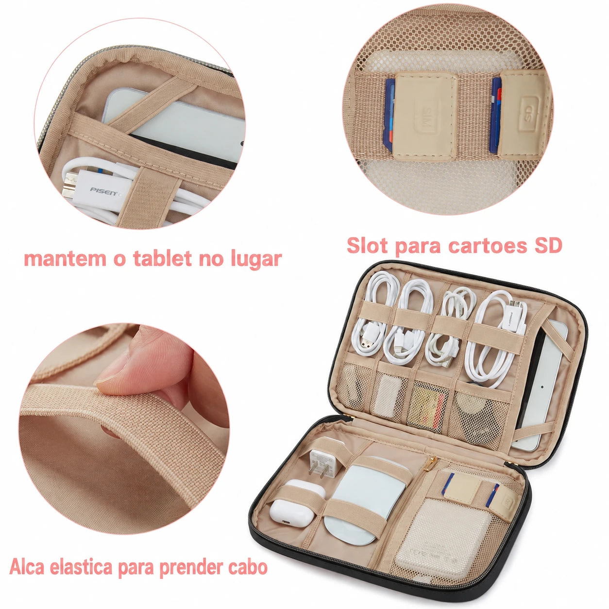 Organizador de Cabos para Viagem à Prova d'Água Bags Mart Cor Preto - detalhes