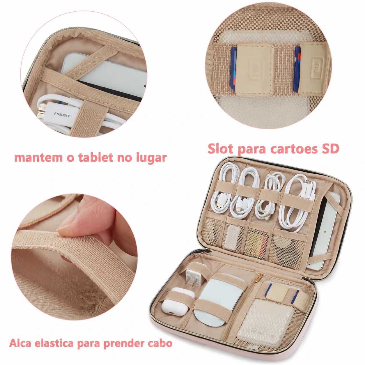 Organizador de Cabos para Viagem à Prova d'Água Bags Mart Cor Rosa - detalhes