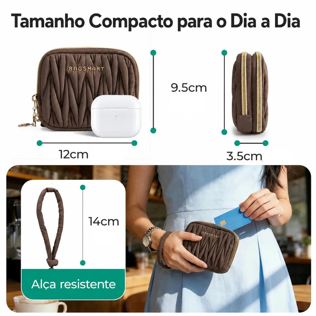 Carteira Feminina Bags Mart Cor Chocolate - Tamanho Compacto para o Dia a Dia, dimensões e alça resistente