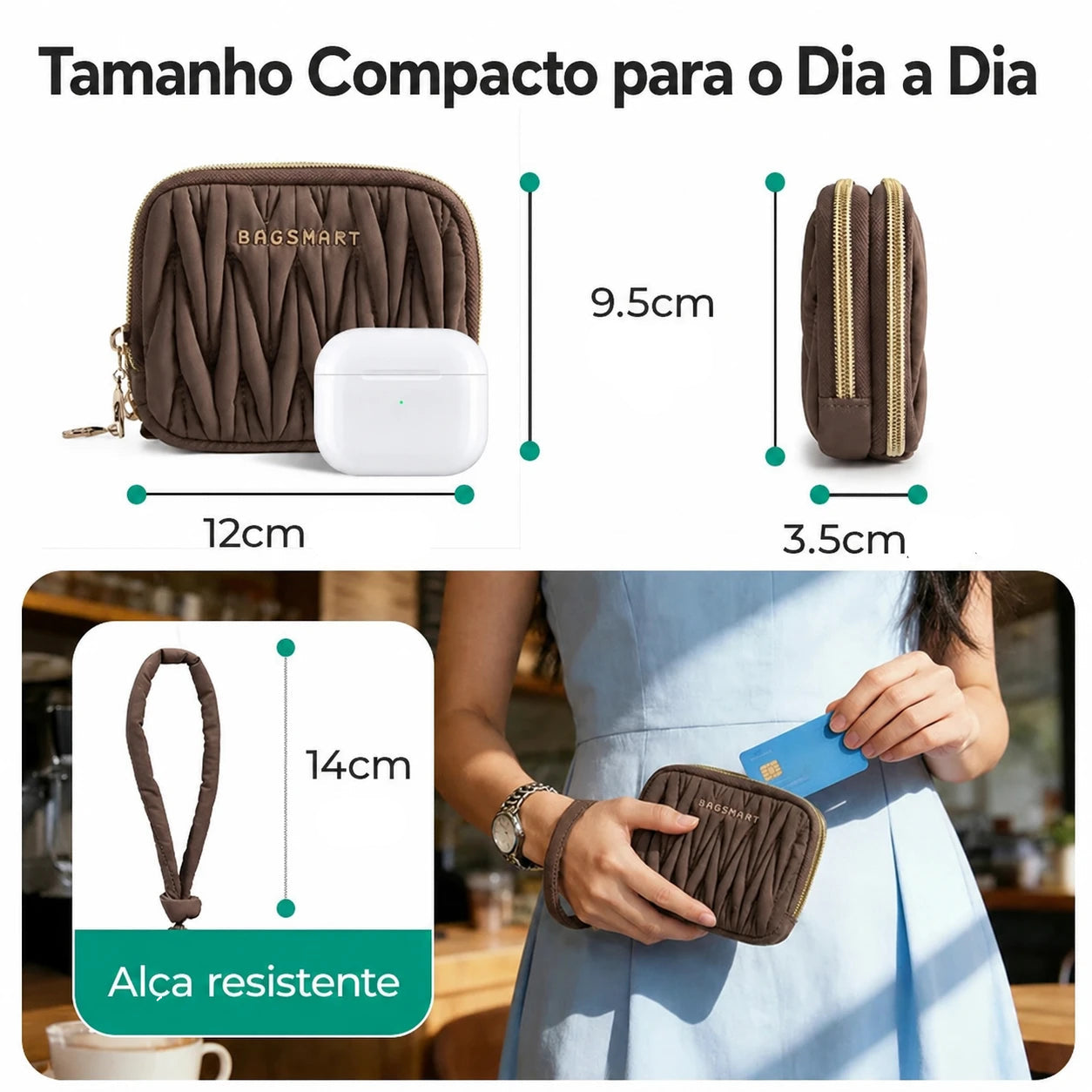 Carteira Feminina Bags Mart Cor Chocolate - Tamanho Compacto para o Dia a Dia, dimensões e alça resistente