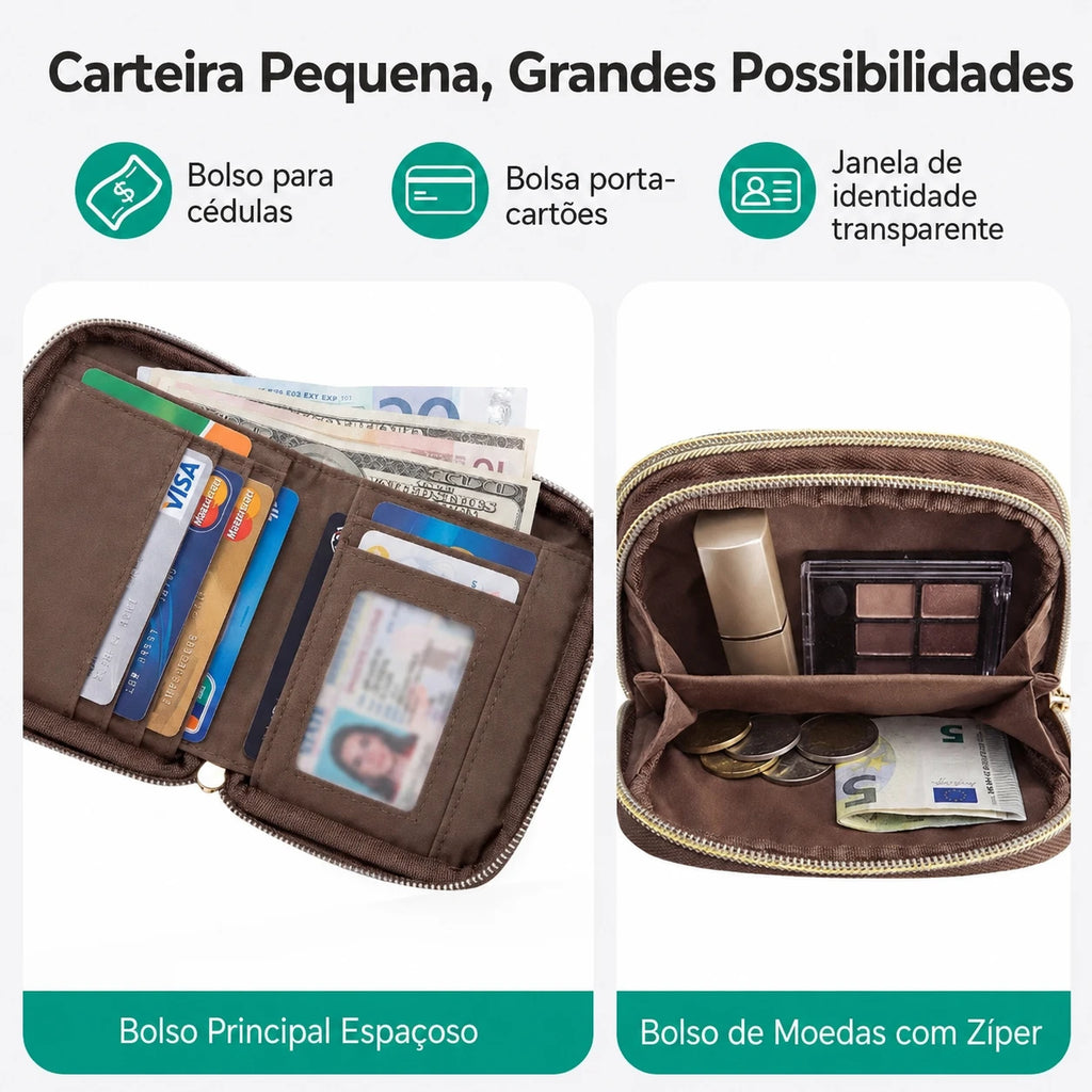 Carteira Feminina Bags Mart Cor Chocolate - Carteira Pequena, Grandes Possibilidades, interior com compartimentos