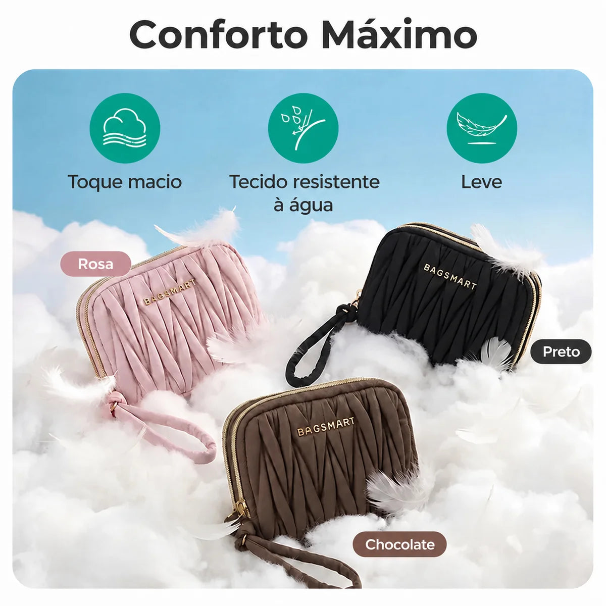 Carteira Feminina com Zíper e Porta-Cartões Bags Mart Cor Preto — Comparativo identificado das cores Rosa, Preto e Chocolate