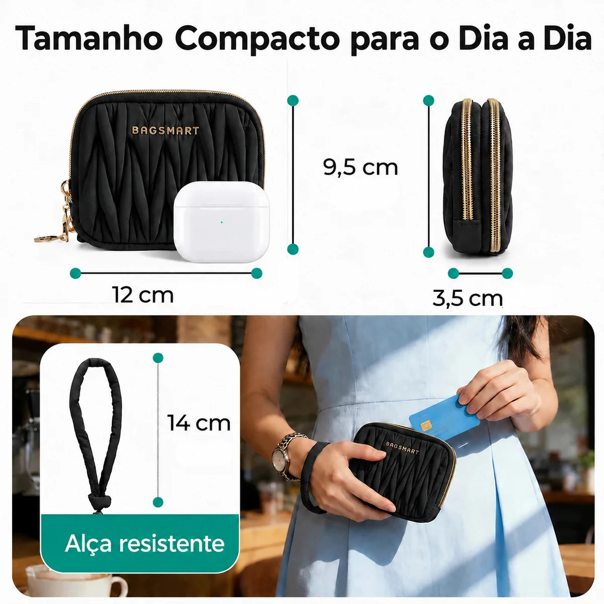 Carteira Feminina com Zíper e Porta-Cartões Bags Mart Cor Preto — Dimensões em centímetros