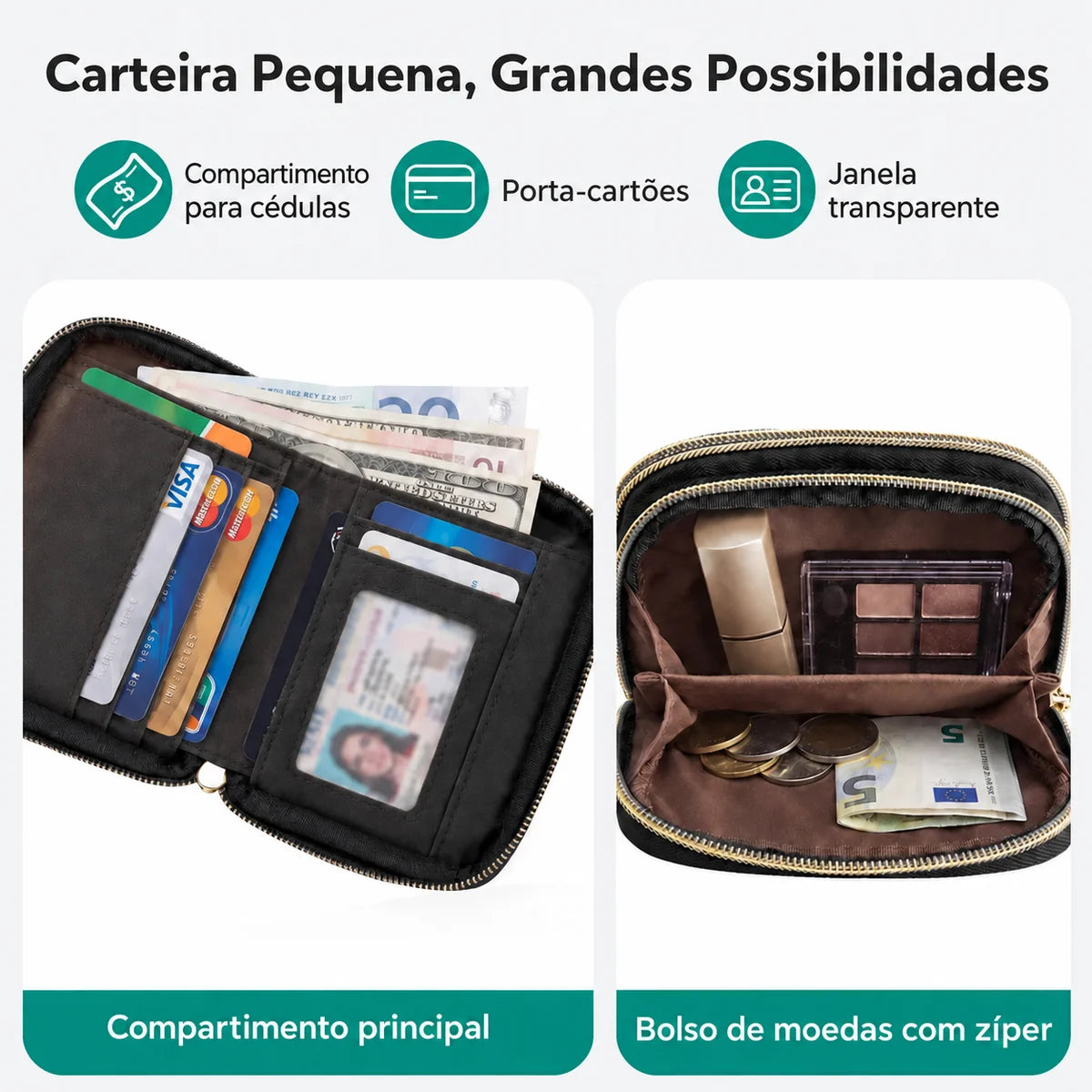Carteira Feminina com Zíper e Porta-Cartões Bags Mart Cor Preto — Interior e compartimentos