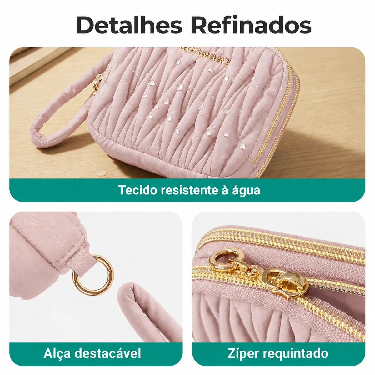 Carteira Feminina com Zíper e Porta-Cartões Bags Mart Cor Rosa — Detalhes e acabamentos