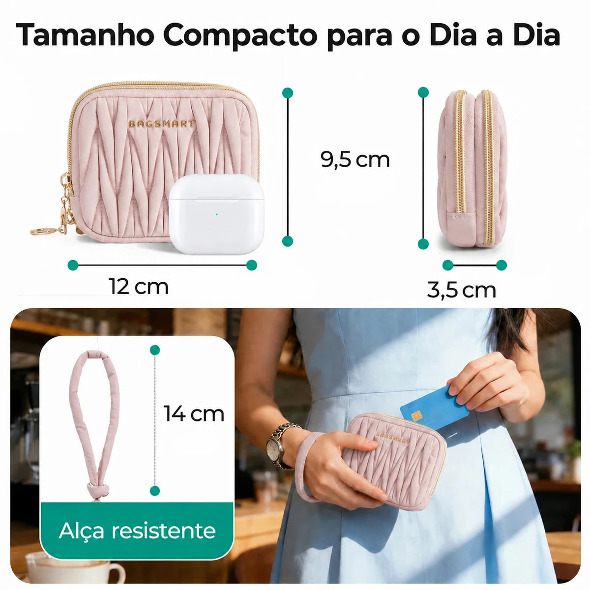 Carteira Feminina com Zíper e Porta-Cartões Bags Mart Cor Rosa — Dimensões em centímetros
