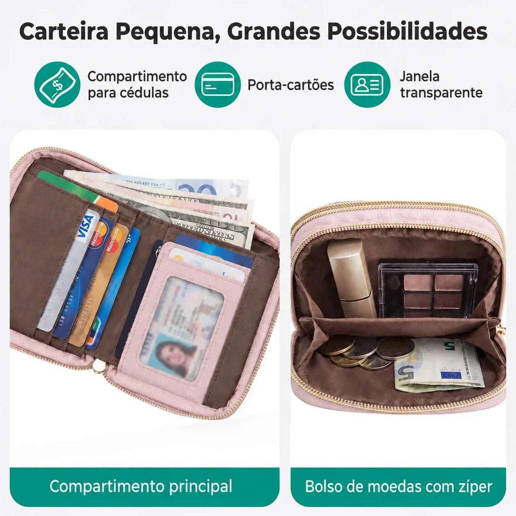 Carteira Feminina com Zíper e Porta-Cartões Bags Mart Cor Rosa — Interior e compartimentos