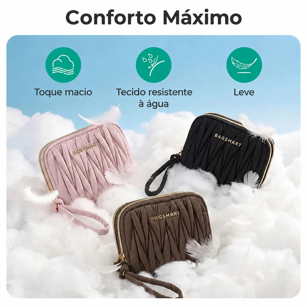 Carteira Feminina Bags Mart - Conforto Máximo, toque macio, tecido resistente à água, leve - cores Chocolate, Preto e Rosa