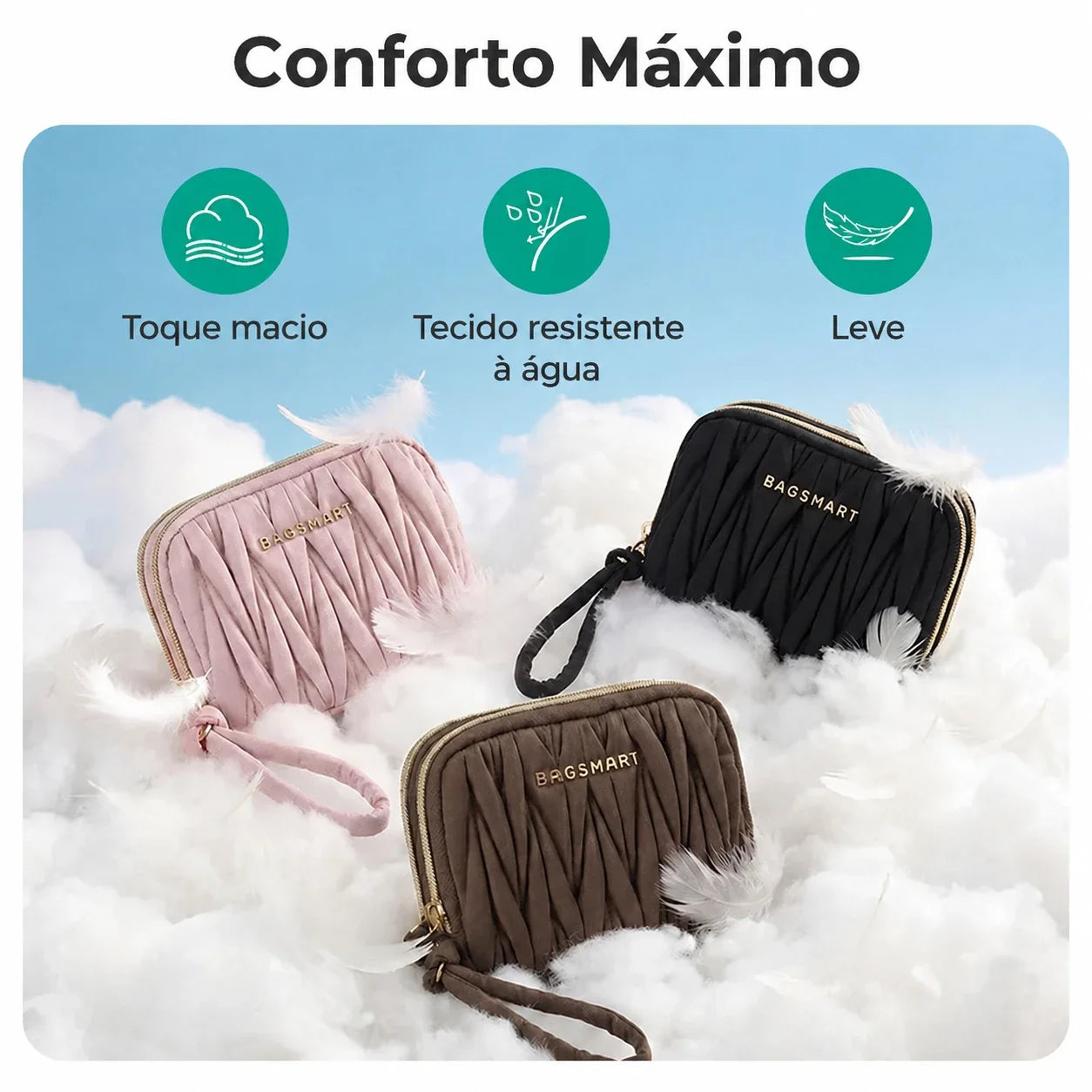 Carteira Feminina Bags Mart - Conforto Máximo, toque macio, tecido resistente à água, leve - cores Chocolate, Preto e Rosa