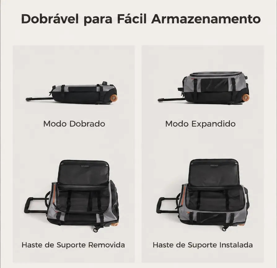 Mochila de Viagem com Rodas 43L Cinza - dobrável para fácil armazenamento