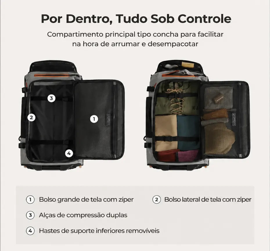 Mochila de Viagem com Rodas 43L Cinza - por dentro, tudo sob controle: compartimento principal em concha
