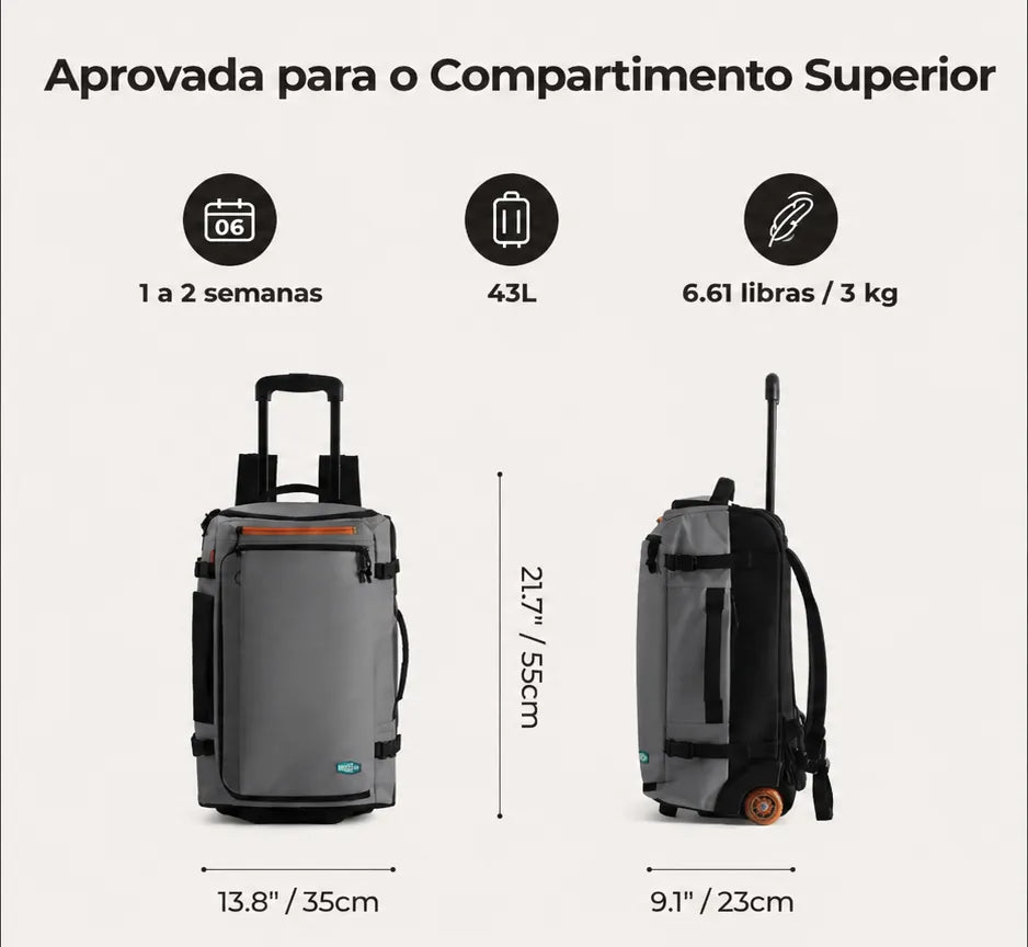 Mochila de Viagem com Rodas 43L Cinza - aprovada como bagagem de mão para compartimento superior, 43L