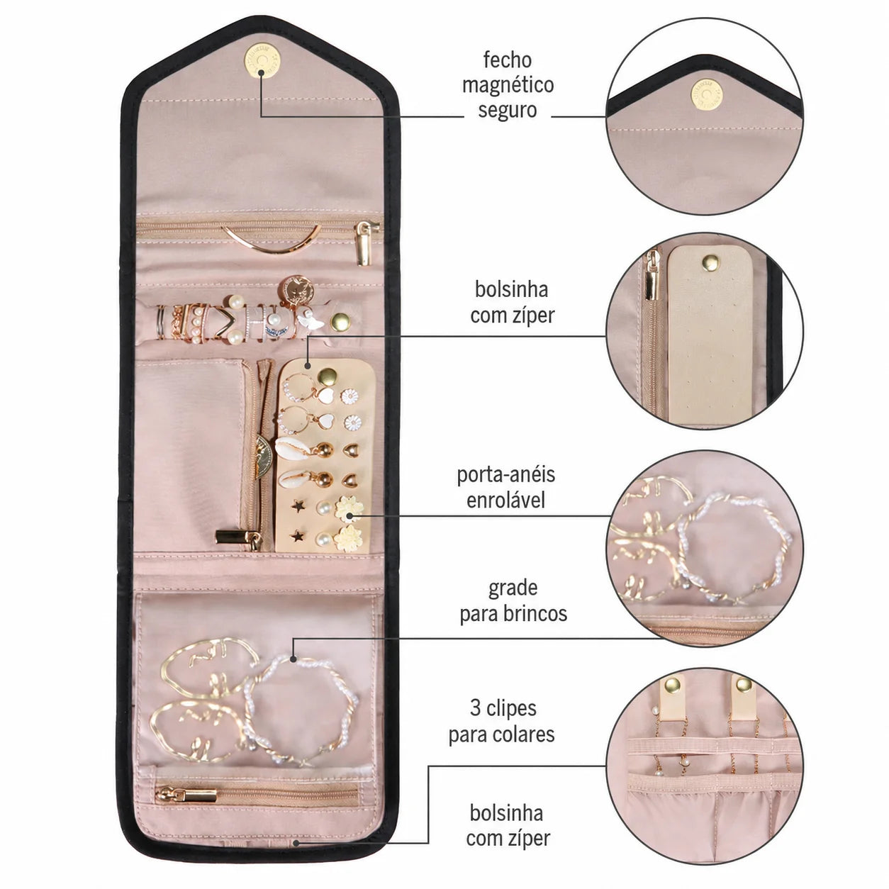 Fecho Magnético, Porta-anéis, Grade para Brincos - Estojo Organizador de Joias Bags Mart