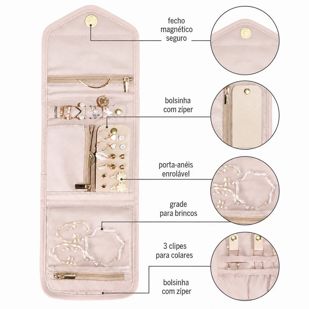 Estojo Organizador de Joias de Viagem Dobrável Bags Mart Cor Rosa — Organização dos compartimentos