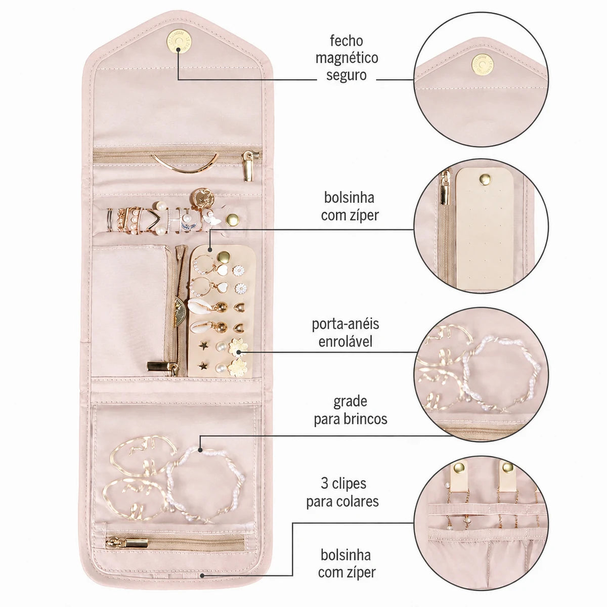 Estojo Organizador de Joias de Viagem Dobrável Bags Mart Cor Rosa — Organização dos compartimentos
