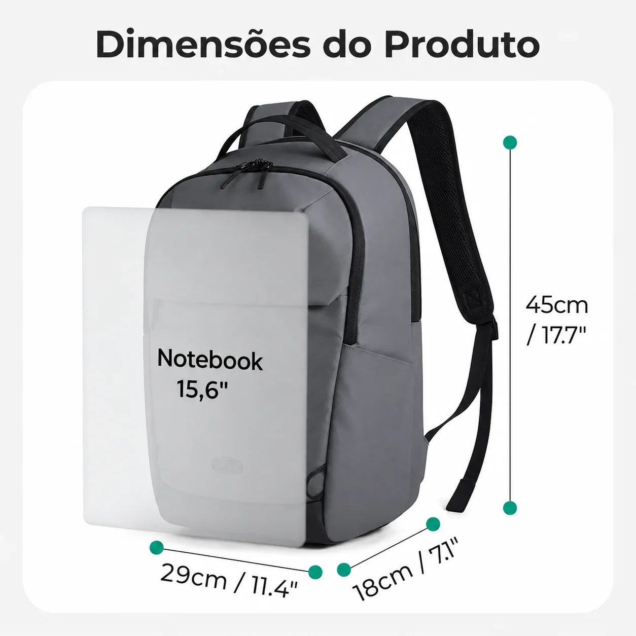 Mochila Executiva 15,6 Bags Mart Cinza - Dimensões