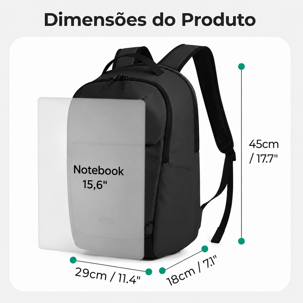 Mochila Executiva para Notebook 15,6" À Prova d'Água Bags Mart Cor Preto - dimensões do produto